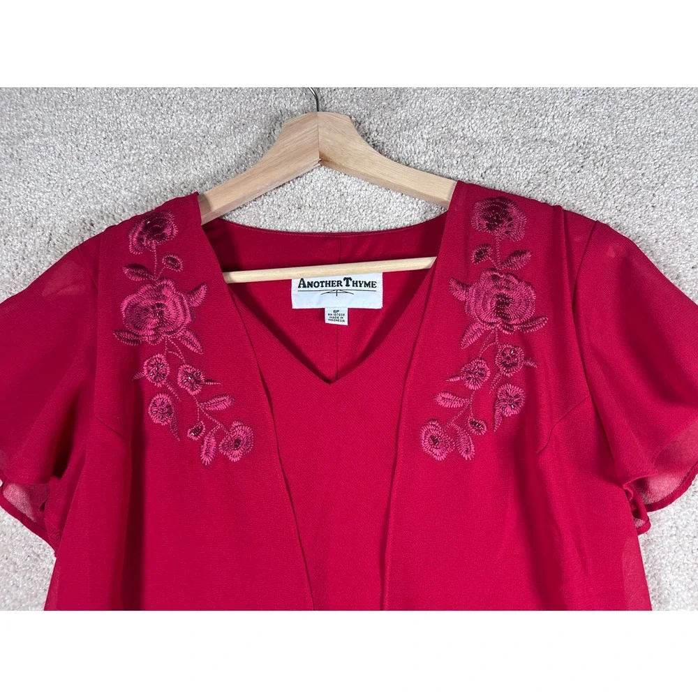 VTG Retro Dress Another Thyme‎ Red Floral Embroidered Party Cocktail 6P Layered